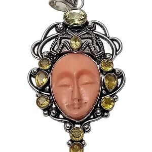 Sterling Silver Bali Goddess Pendant with Pink Carved Face and Citrine Gems